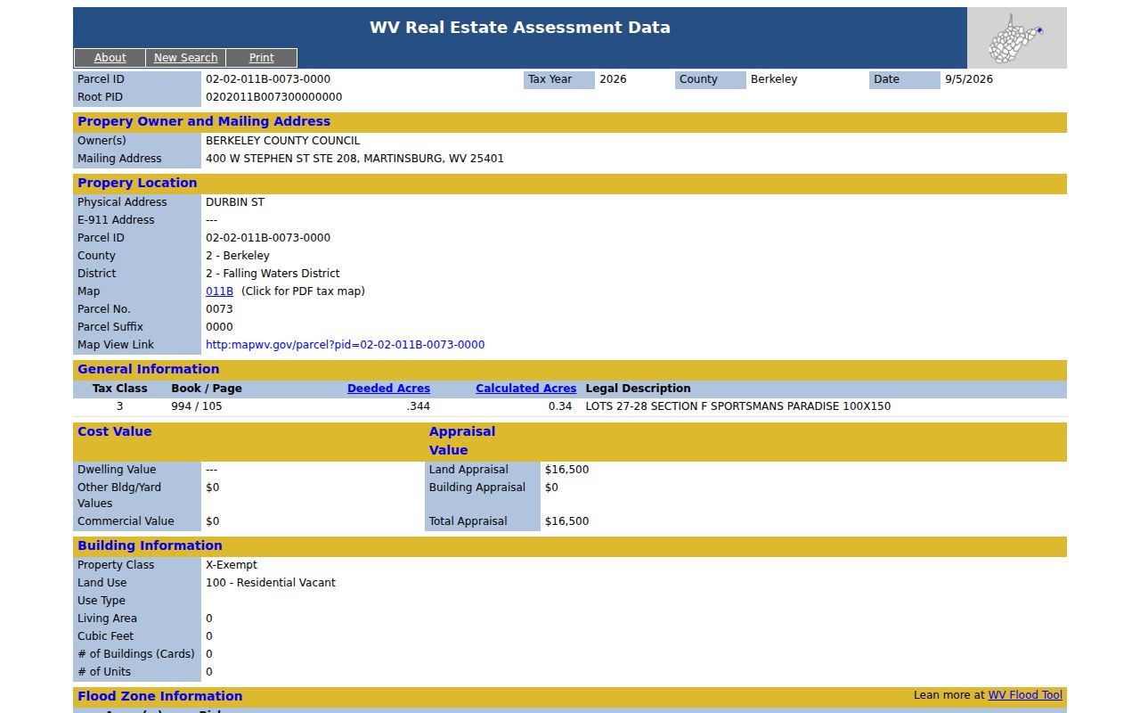 MapWV Berkeley County parcel assessment fields