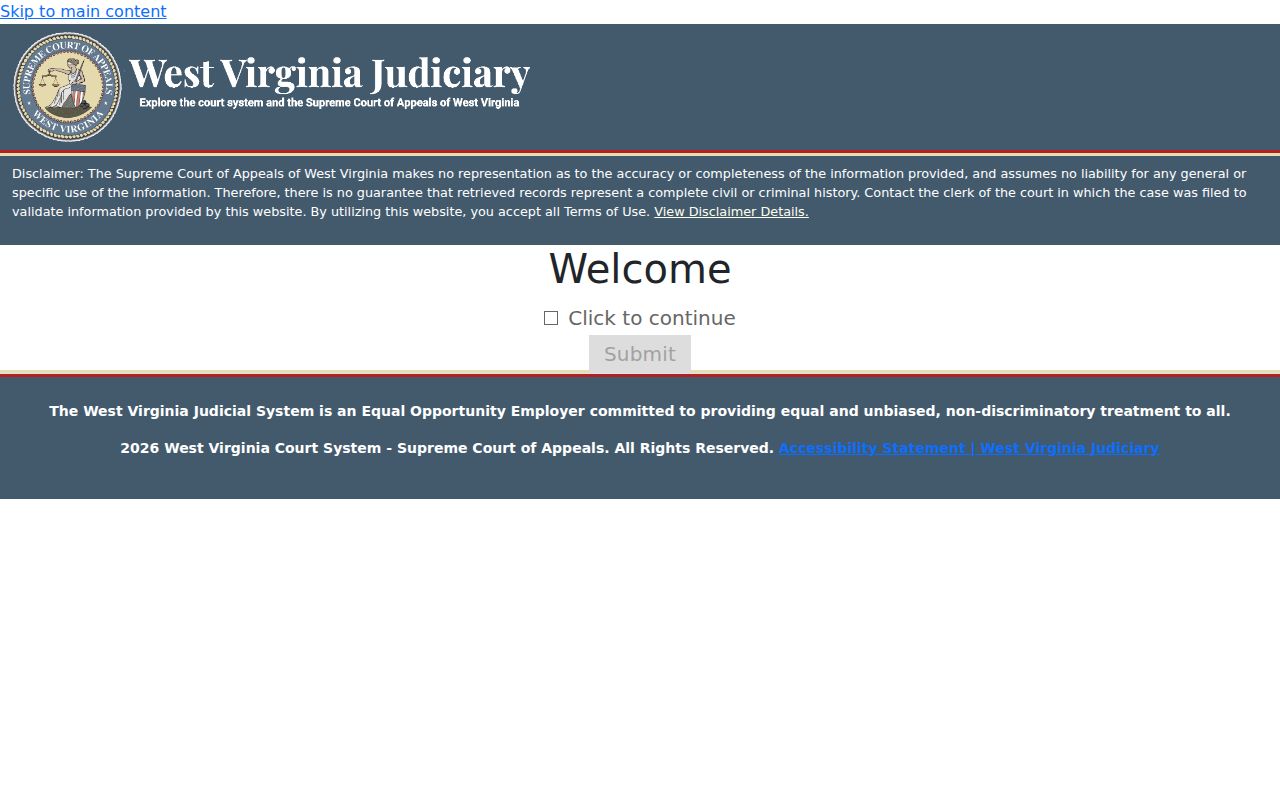 West Virginia magistrate record search entry and terms screen
