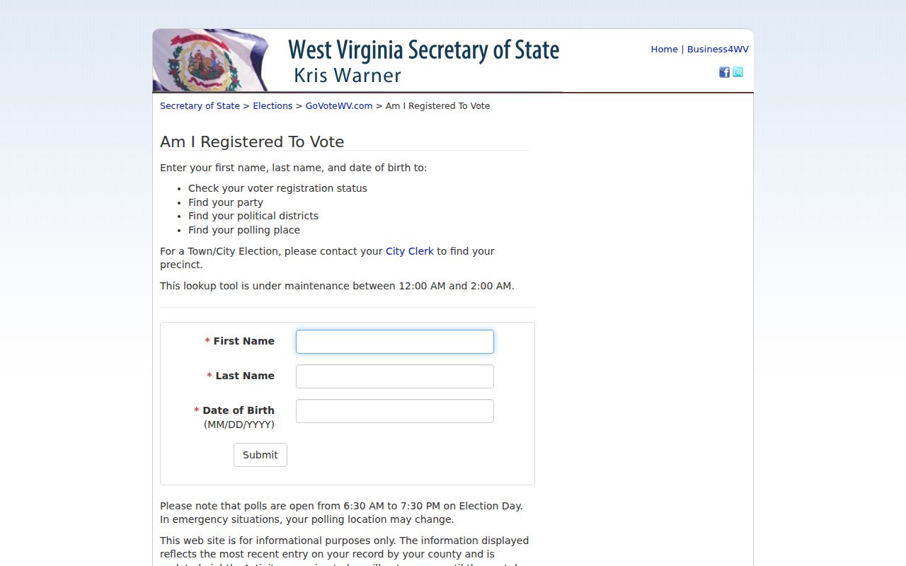 West Virginia voter registration lookup requiring name and date of birth