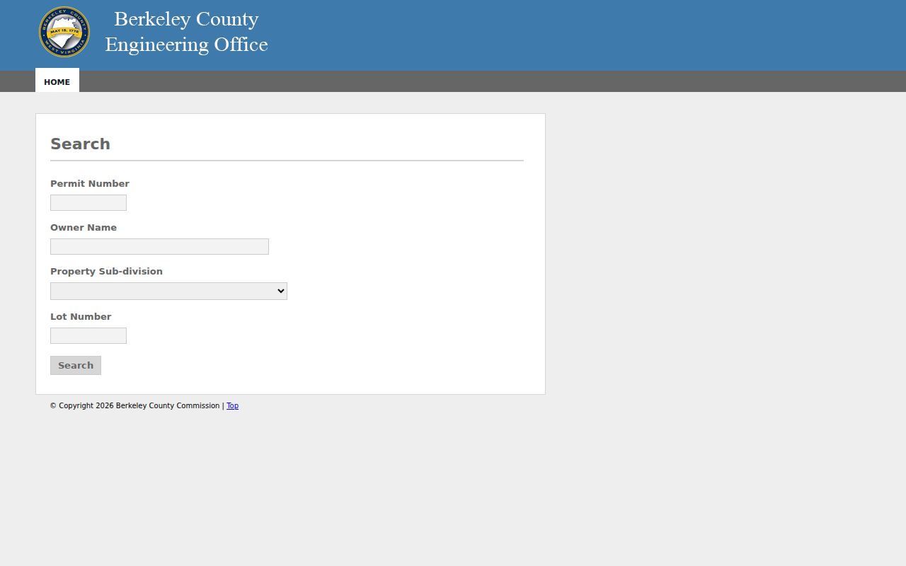Berkeley County permit search fields for owner subdivision and lot